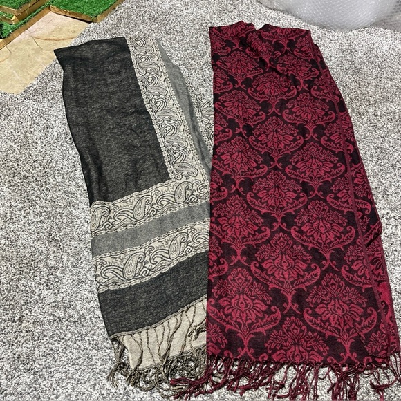 Y2k 2000s Paisley Patterned Large Scarf Red Grey Fringe Lot Of 2 See Note - Picture 1 of 12